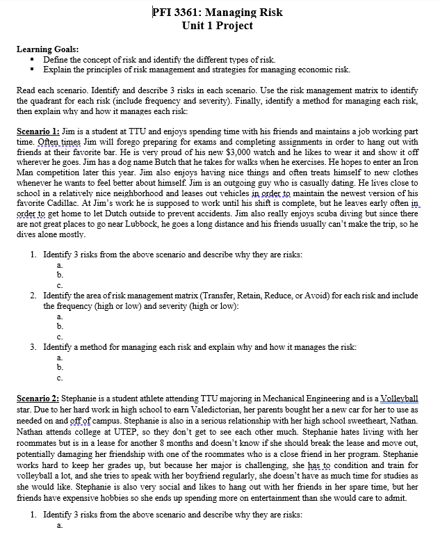 Pfi 3361 Managing Risk Unit 1 Project Learning Goals Define The Concept Of Risk And Identify The Different Types Of Ri 1