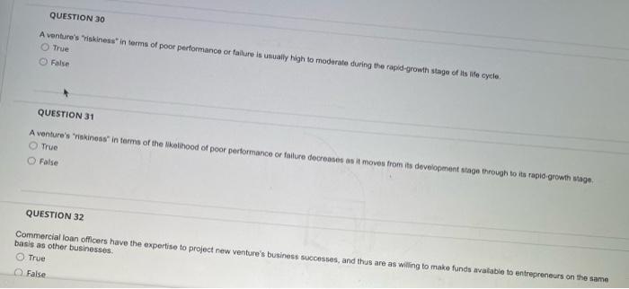 Question 30 A Venture S Riskiness In Terms Of Poor Performance Or Failure Is Usually High To Moderate During The Rapid 1