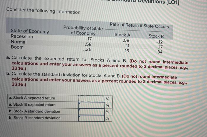 Consider The Following Information Rate Of Return If State Occurs Probability Of State State Of Economy Recession Of Ec 1