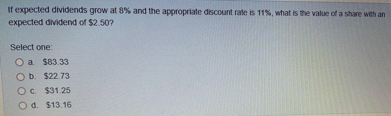 If Expected Dividends Grow At 8 And The Appropriate Discount Rate Is 11 What Is The Value Of A Share With An Expected 1
