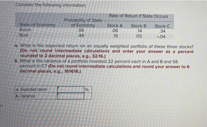 Es Consider The Following Information Rate Of Return If State Occurs Probability Of State State Of Economy Of Economy 1