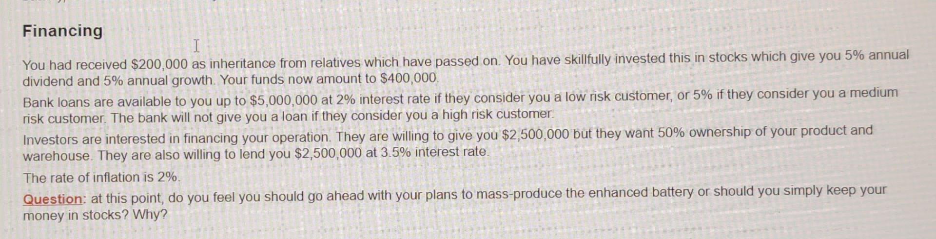 Financing I You Had Received 200 000 As Inheritance From Relatives Which Have Passed On You Have Skillfully Invested T 1