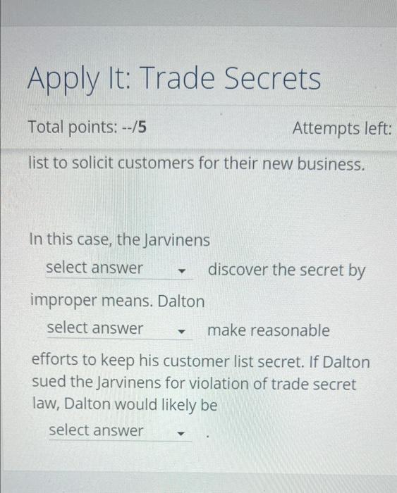 Total Points 5 Identifying The Facts And Issues A Trade Secret Is Typically Information That Contains Select Answer 6