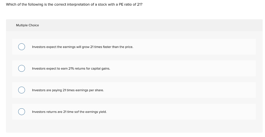 Which Of The Following Is The Correct Interpretation Of A Stock With A Pe Ratio Of 21 Multiple Choice Investors Expect 1