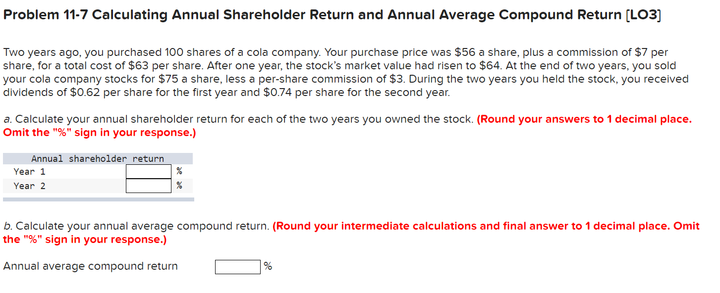 Problem 11 7 Calculating Annual Shareholder Return And Annual Average Compound Return Lo3 Two Years Ago You Purchased 1