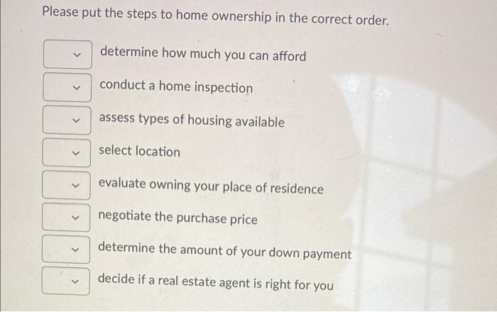 Please Put The Steps To Home Ownership In The Correct Order Determine How Much You Can Afford Conduct A Home Inspection 1