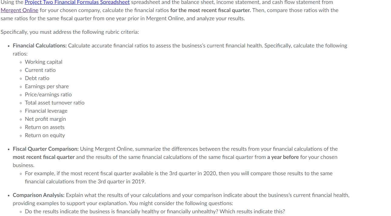 Using The Project Two Financial Formulas Spreadsheet Spreadsheet And The Balance Sheet Income Statement And Cash Flow 1