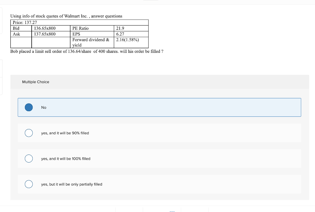 Using Info Of Stock Quotes Of Walmart Inc Answer Questions Price 137 27 Bid 136 65x800 Pe Ratio 21 9 Ask 137 65x800 E 1