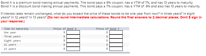 Bond X Is A Premium Bond Making Annual Payments The Bond Pays A 9 Coupon Has A Ytm Of 7 And Has 13 Years To Maturit 1
