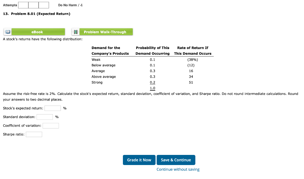 Attempts 13 Problem 8 01 Expected Return Ea Ebook Problem Walk Through A Stock S Returns Have The Following Distribut 1