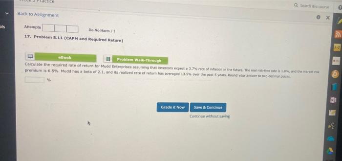 Ols Q Search This Course Factice 0x Back To Assignment Attempts Do No Harm 1 17 Problem 8 11 Capm And Required Return 1
