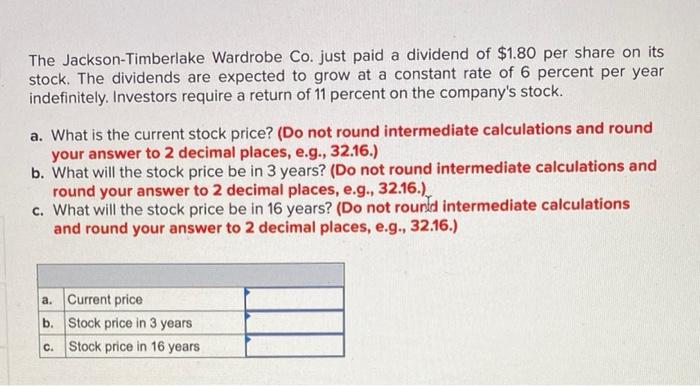 The Jackson Timberlake Wardrobe Co Just Paid A Dividend Of 1 80 Per Share On Its Stock The Dividends Are Expected To 1