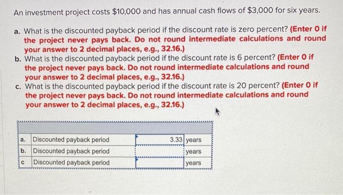An Investment Project Costs 10 000 And Has Annual Cash Flows Of 3 000 For Six Years A What Is The Discounted Payback 1