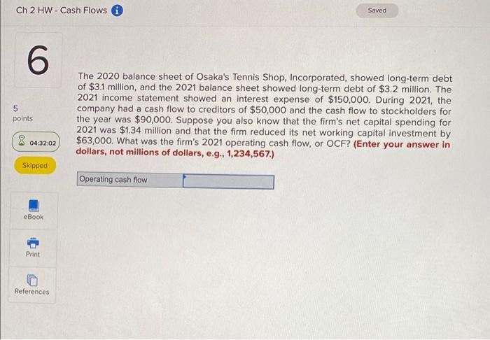 Ch 2 Hw Cash Flows 6 5 Points Saved The 2020 Balance Sheet Of Osaka S Tennis Shop Incorporated Showed Long Term Debt 1