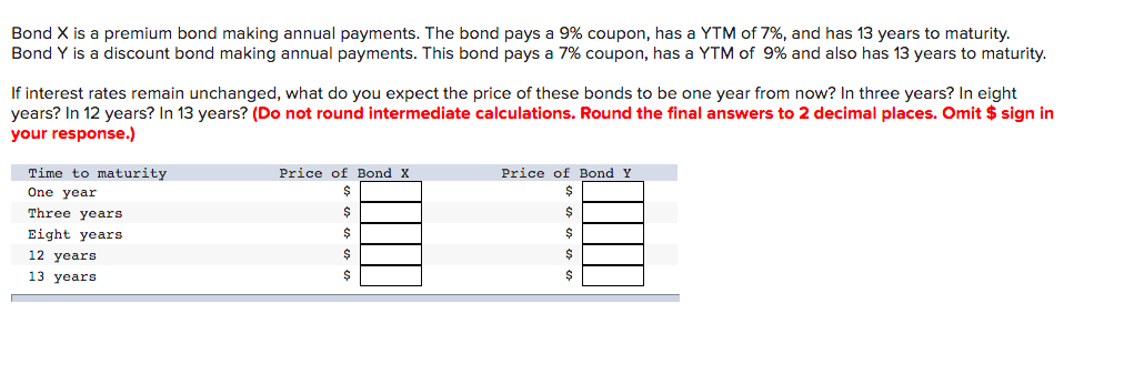Bond X Is A Premium Bond Making Annual Payments The Bond Pays A 9 Coupon Has A Ytm Of 7 And Has 13 Years To Maturit 1