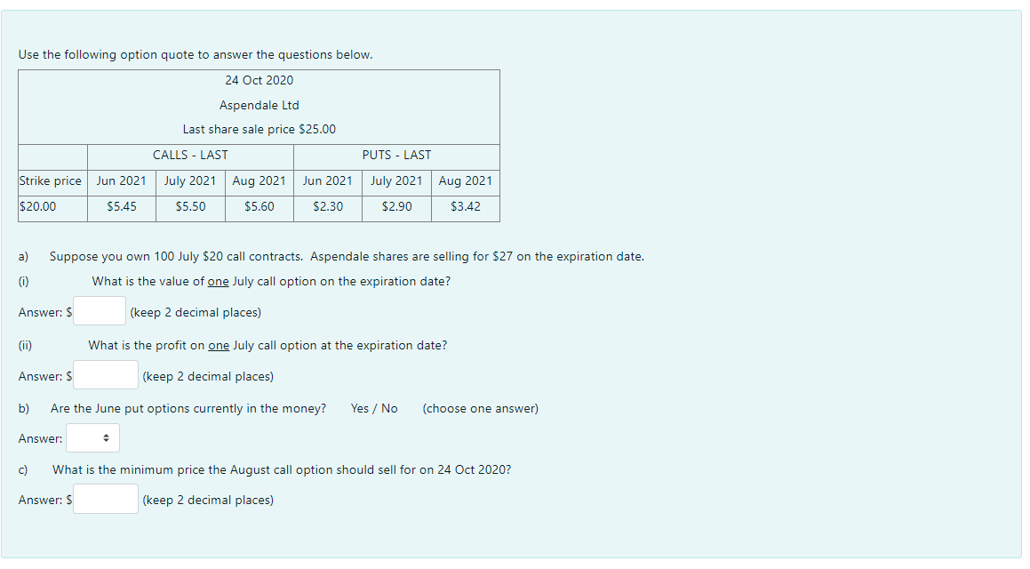 Use The Following Option Quote To Answer The Questions Below 24 Oct 2020 Aspendale Ltd Last Share Sale Price 25 00 Sv 1