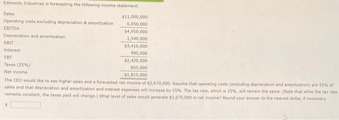 Edmonds Industries Is Forecasting The Following Income Statement Sales 11 000 000 Operating Costs Excluding Depreciati 1