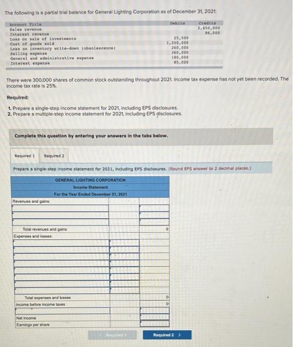 The Following Is A Partial Trial Balance For General Lighting Corporation As Of December 31 2021 Account Title Debits 1