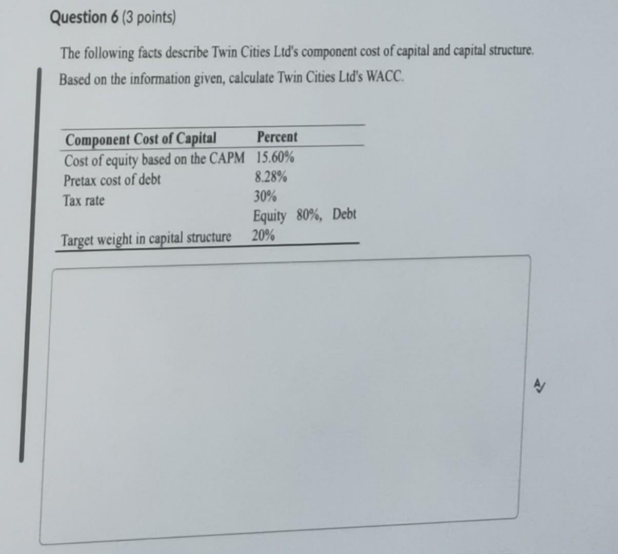 Question 6 3 Points The Following Facts Describe Twin Cities Ltd S Component Cost Of Capital And Capital Structure Ba 1