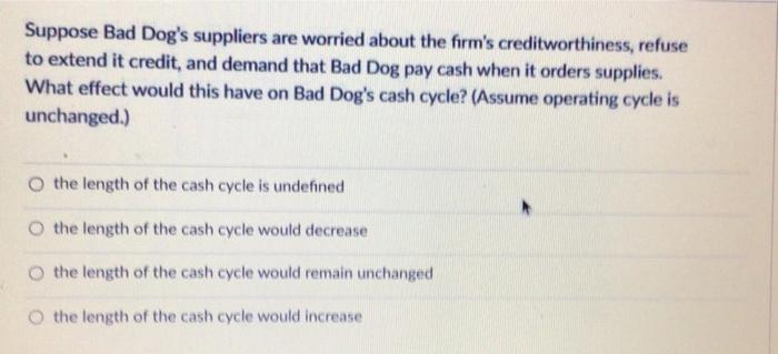 Suppose Bad Dog S Suppliers Are Worried About The Firm S Creditworthiness Refuse To Extend It Credit And Demand That B 1