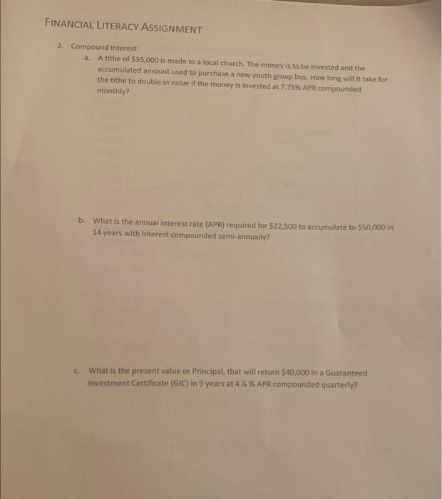 Financial Literacy Assignment 2 Compound Interest A A Tithe Of 35 000 Is Made To A Local Church The Money Is To Be 1