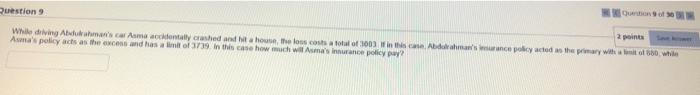 Question Of 30 Question 9 2 Points While Driving Abdulrahman S Car Asma Accidentally Crashed And Hit A House The Loss C 2