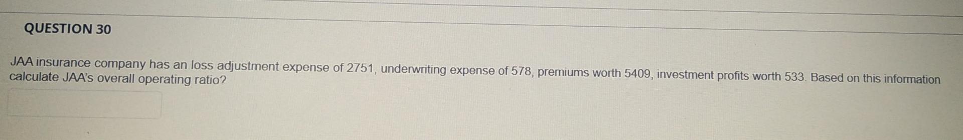 Question 30 Jaa Insurance Company Has An Loss Adjustment Expense Of 2751 Underwriting Expense Of 578 Premiums Worth 54 1