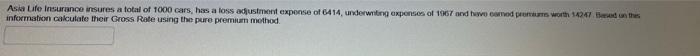Asia Life Insurance Insures A Total Of 1000 Cars Has A Loss Adjustment Expense Of 6414 Underwriting Expenses Of 1967 A 1