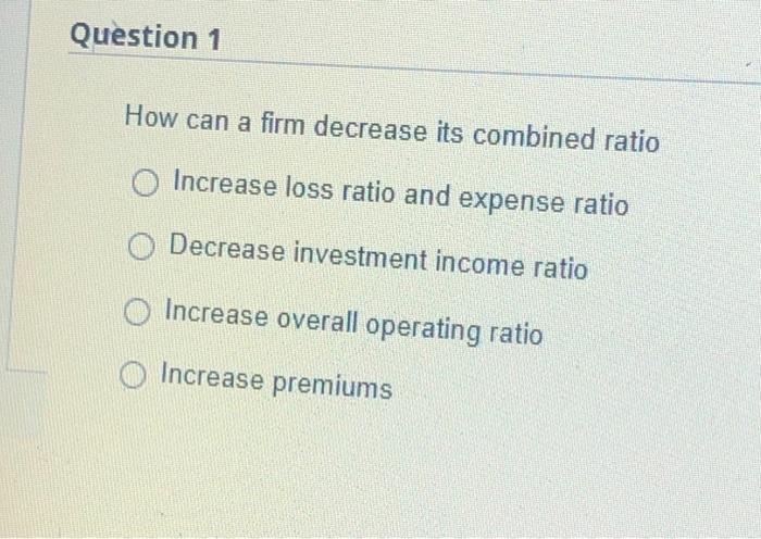 Question 2 Delta Insurance Has A Combined Ratio Of 0 8 This Means O The Company Is Making A Loss O For Every 1 The Co 2