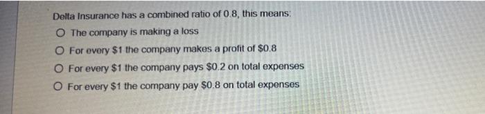 Delta Insurance Has A Combined Ratio Of 0 8 This Means O The Company Is Making A Loss O For Every 1 The Company Makes 1