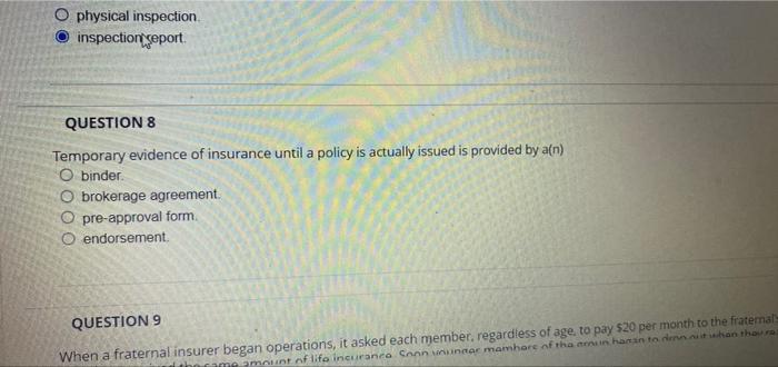 O Physical Inspection Inspection Report Question 8 Temporary Evidence Of Insurance Until A Policy Is Actually Issued I 1