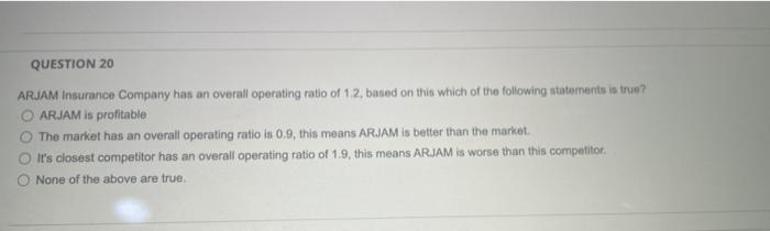 Question 20 Arjam Insurance Company Has An Overall Operating Ratio Of 1 2 Based On This Which Of The Following Statemen 1