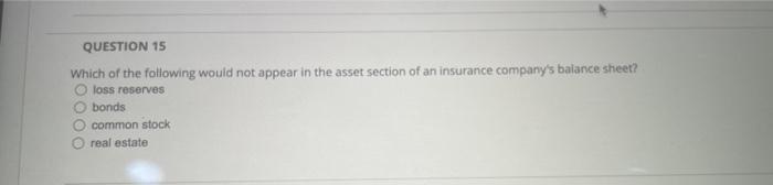 Question 15 Which Of The Following Would Not Appear In The Asset Section Of An Insurance Company S Balance Sheet Loss R 1