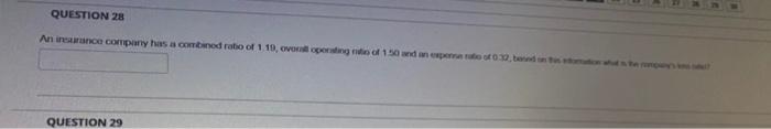 Question 28 An Insurance Company Has A Combined Ratio Of 1 19 Overall Operating Natio Of 1 50 And An Expense Ratio Of 0 1