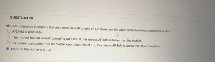 Question 20 Arjam Insurance Company Has An Overall Operating Ratio Of 1 2 Based On This Which Of The Following Statemen 1