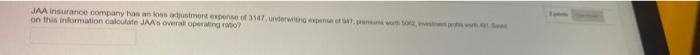 Jaa Insurance Company Has An Loss Adjustment Expense Of 3147 Underwriting Expense Of 947 Premsworth Wh On This Informa 1