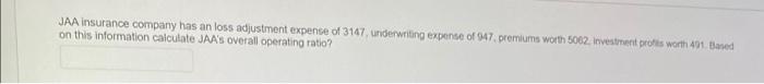Jaa Insurance Company Has An Loss Adjustment Expense Of 3147 Underwriting Expense Of 947 Premsworth Wh On This Informa 2