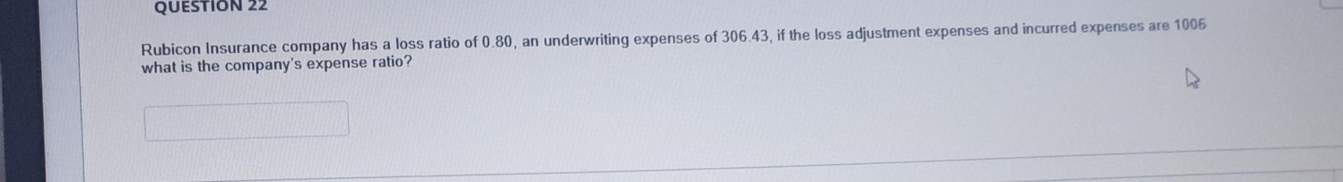 Question 22 Rubicon Insurance Company Has A Loss Ratio Of 0 80 An Underwriting Expenses Of 306 43 If The Loss Adjustme 1