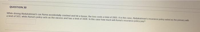 Question 30 While Driving Abdulrahman S Car Asma Accidentally Crashed And Hit A House The Loss Costs A Total Of 2805 Is 1