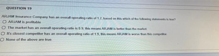 Question 19 Arjam Insurance Company Has An Overall Operating Ratio Of 1 2 Based On This Which Of The Following Statemen 1
