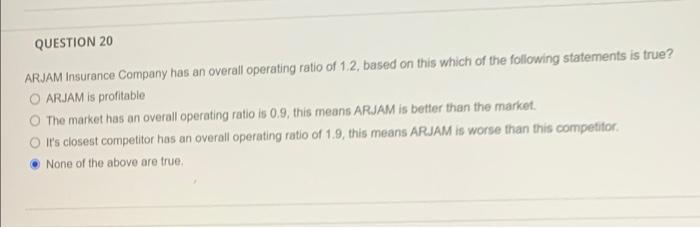 Question 20 Arjam Insurance Company Has An Overall Operating Ratio Of 1 2 Based On This Which Of The Following Statemen 1