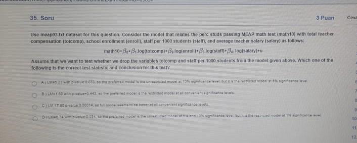 35 Soru 3 Puan Use Meap93 Txt Dataset For This Question Consider The Model That Relates The Perc Studs Passing Meap Ma 1