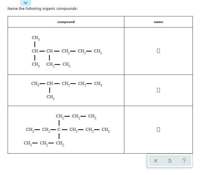 Name The Following Organic Compounds Compound Name Ch Ch 1 Ch Ch Ch2 Ch2 Ch I Ch Ch Ch3 Ch Ch2 Ch 1