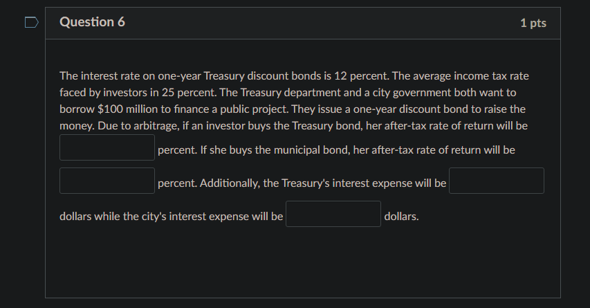 Question 6 1 Pts The Interest Rate On One Year Treasury Discount Bonds Is 12 Percent The Average Income Tax Rate Faced 1