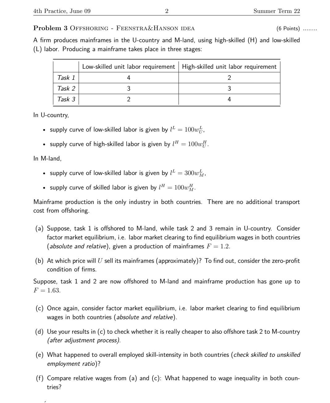 4th Practice June 09 2 Summer Term 22 Problem 3 Offshoring Feenstra Hanson Idea 6 Points A Firm Produces Mainframes 1