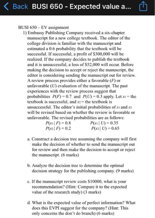 Back Busi 650 Expected Value A Busi 650 Ev Assignment 1 Embassy Publishing Company Received A Six Chapter Manuscr 1
