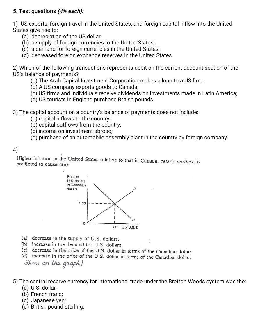 5 Test Questions 4 Each 1 Us Exports Foreign Travel In The United States And Foreign Capital Inflow Into The Uni 1