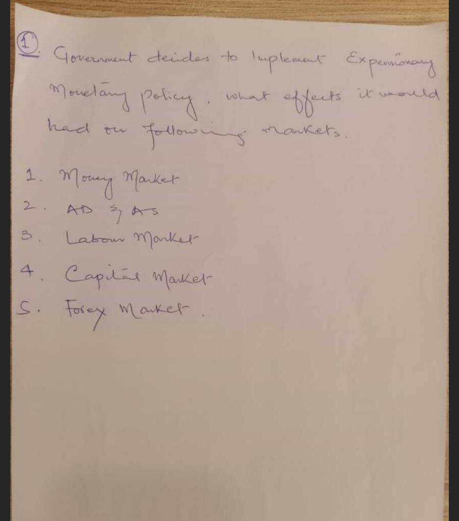 Government Decides To Implement Expensionary Monetary Policy It Would What Effects Had Ou Following Markets 1 Money 1