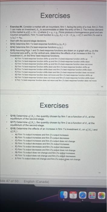 Exercises Exercise 84 Consider A Market With An Incumbent Firm 1 Facing The Entry Of A Val Firm 2 Fim 1 Can Make An 1