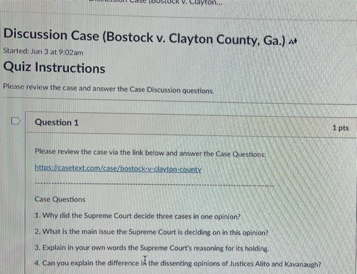 Ayton Discussion Case Bostock V Clayton County Ga A Started Jun 3 At 9 02am Quiz Instructions Please Review The 1